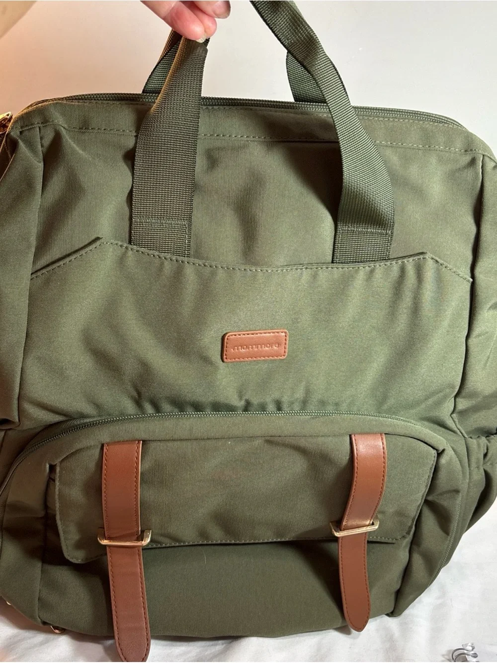 Mommore Brand Olive Green Canvas Travel Backpack with Brown Trim